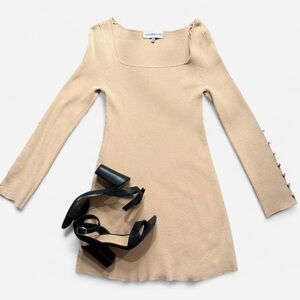 Ribbed Knit Mini Sweater Dress - Cream Tan Long Sleeve Square Neck - Size M